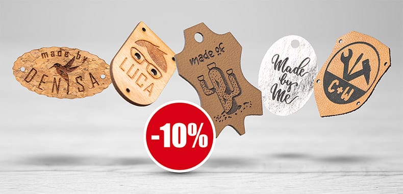 Bis 31.07.2025: 10% Rabatt auf Label aus Leder, Lederalternativen, Holz und Acryl