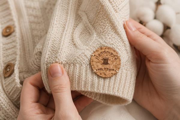 Rundes Korketikett "Handmade with love", auf ein cremefarbenes Strickstück genäht.