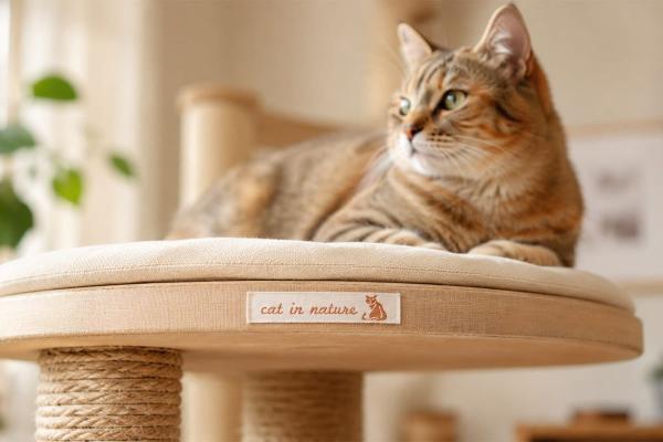 Naturfarbenes Baumwolletikett mit brauner Schrift auf Katzenmöbel