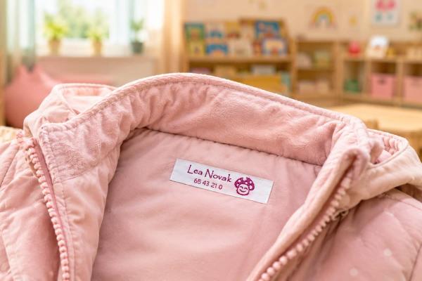 Weißes Baumwoll-Namensetikett mit lila Schrift in Kinderjacke