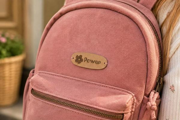 Ovales hellbraunes FloraPap-Etikett mit Blume und Schriftzug "Power" am rosa Rucksack.
