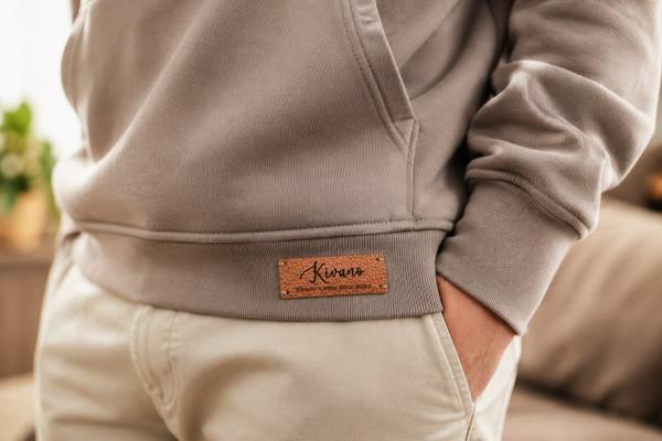Rechteckiges braunes Apfel-Kunstlederetikett mit individuellem Logo am Saum eines grauen Hoodies.
