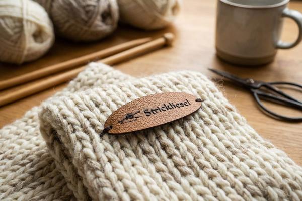 Braunes ovales Kunstlederlabel mit Gravur auf hellem Strickstück