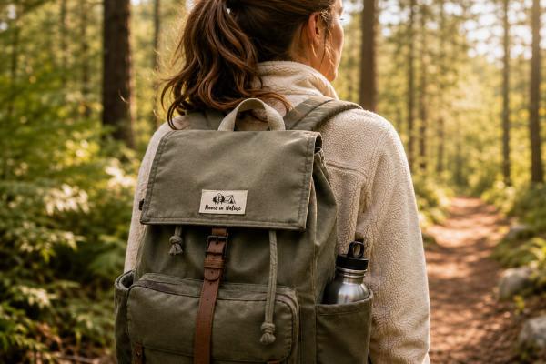 Naturfarbenes Biobaumwolletikett mit schwarzem Druck auf Rucksack